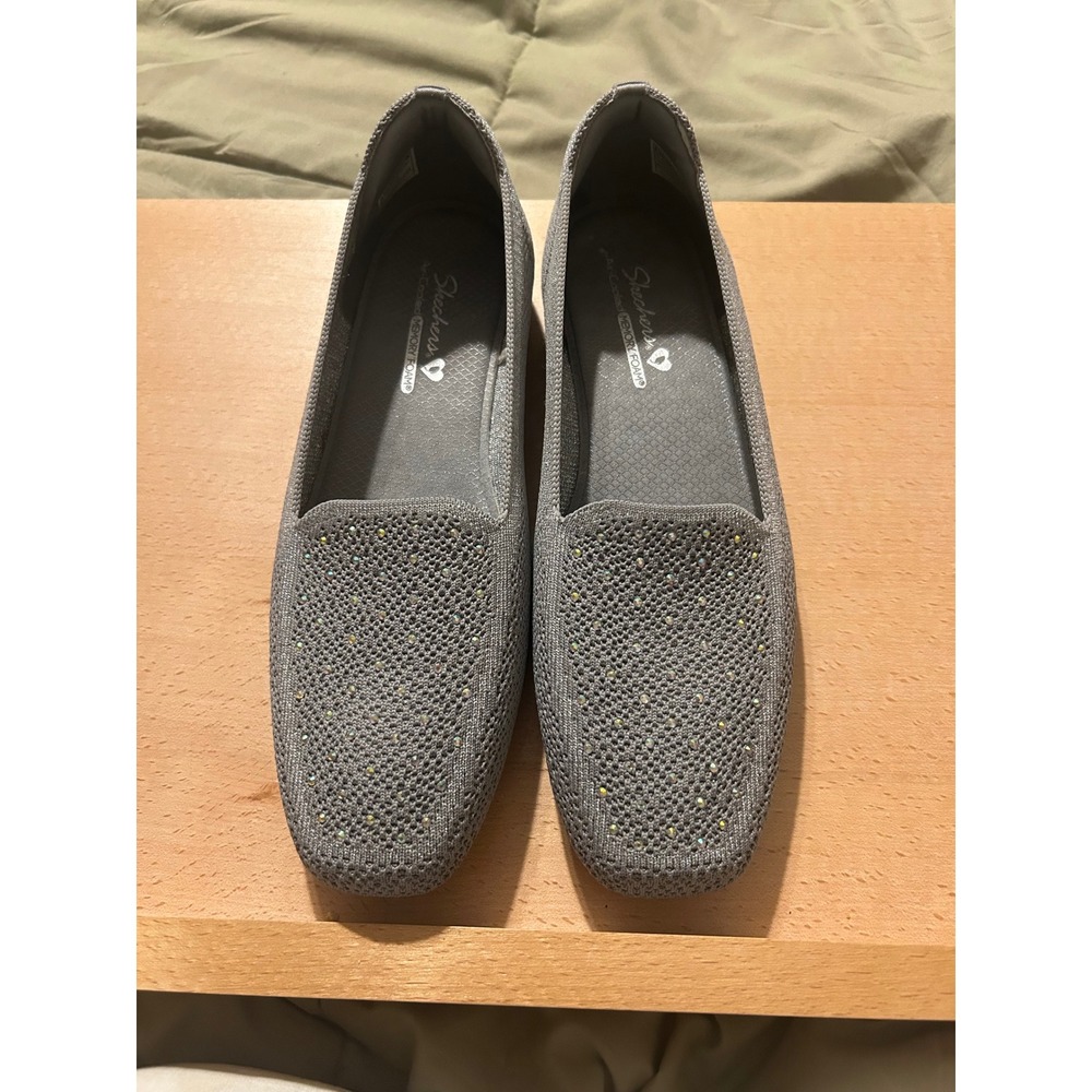 Skechers Cleo 2.0 Love Spell Gray Rhinestone Metallic Knit Flats Size 8.5